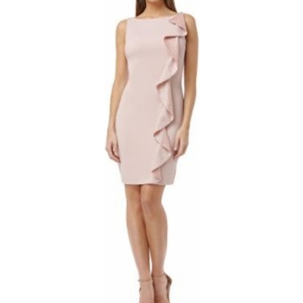 Carmen Marc Valvo Dusty Rose Ruffle Cocktail Dress